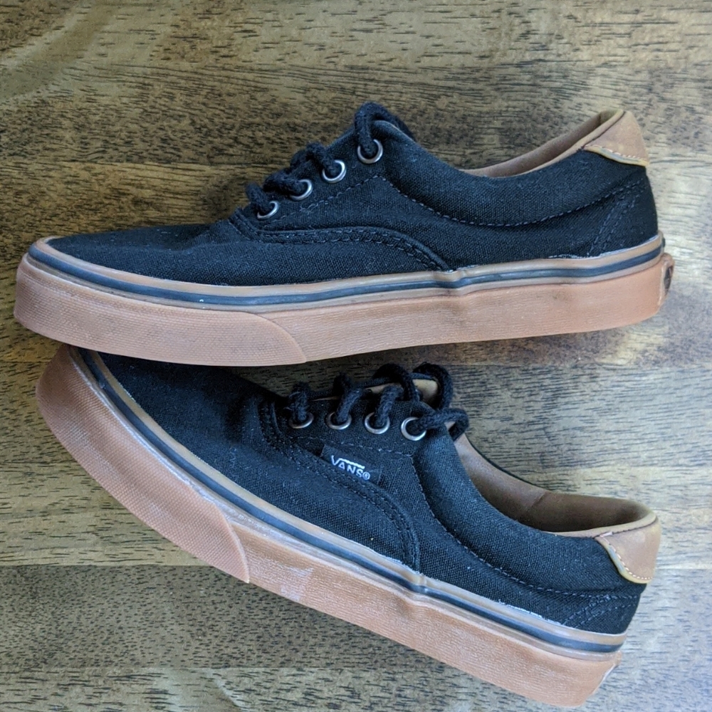 Black Tan Canvas Lace Up Vans Boys Size 2